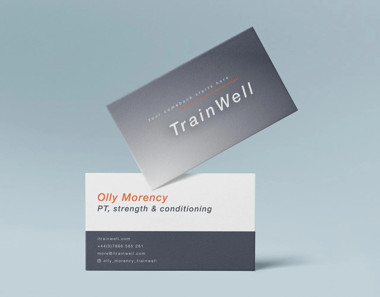 TrainWell business cards: Olly Morency, PT, strength & conditioning. Your comeback starts here.